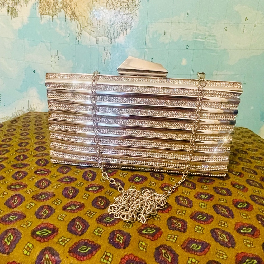 Lulu Townsend Silver Rhinestone Clutch with Chain Shoulder Strap
